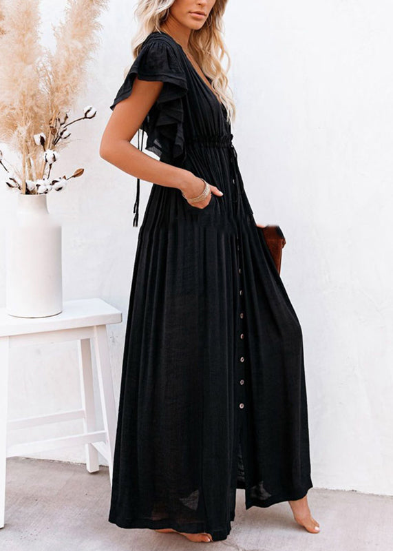 Patchwork Summer Dress Black Ruffled Solid Long