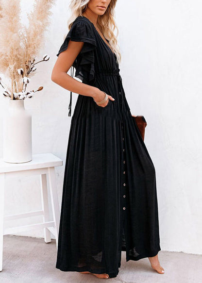 Patchwork Summer Dress Black Ruffled Solid Long