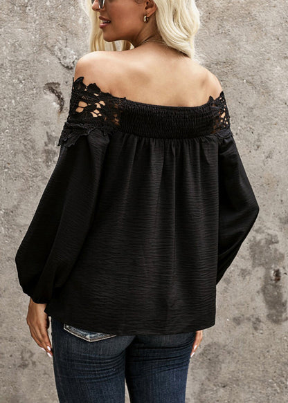 Lace Shirt Sleeve Slash Patchwork Lantern Black Neck