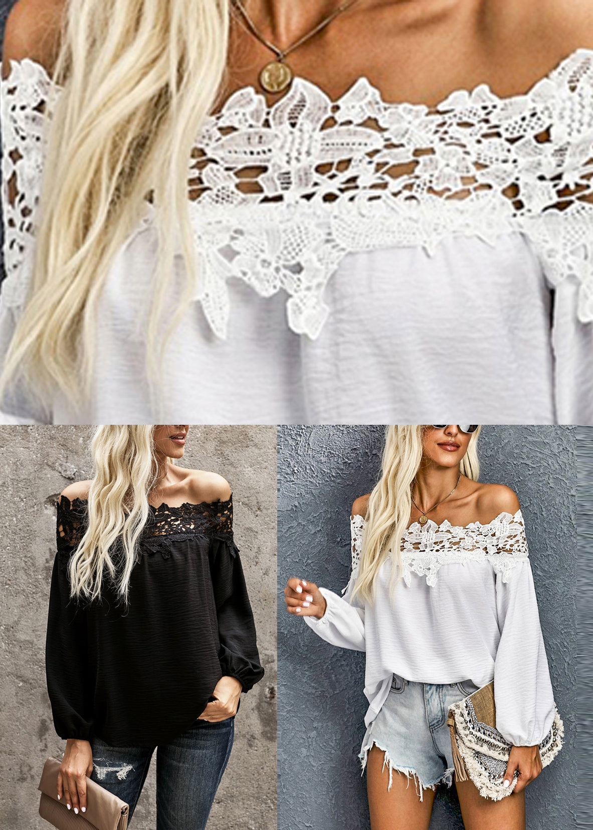 Lace Shirt Sleeve Slash Patchwork Lantern Black Neck