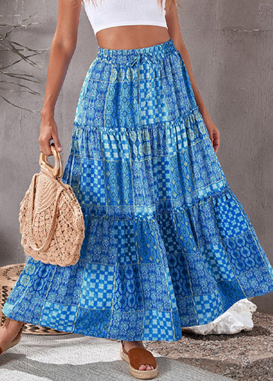 Blue Skirts Waist Pockets Maxi Summer Elastic