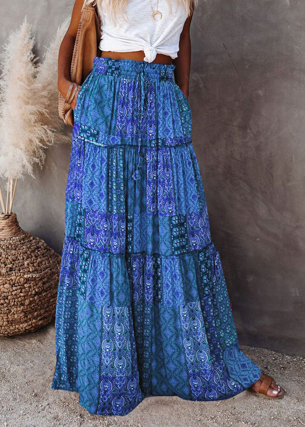 Blue Skirts Waist Pockets Maxi Summer Elastic