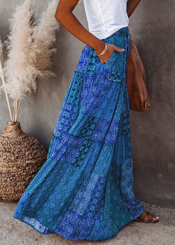 Blue Skirts Waist Pockets Maxi Summer Elastic