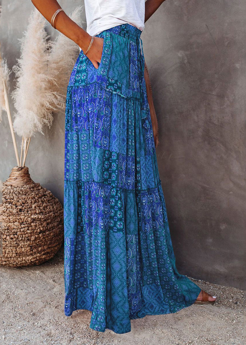 Blue Skirts Waist Pockets Maxi Summer Elastic