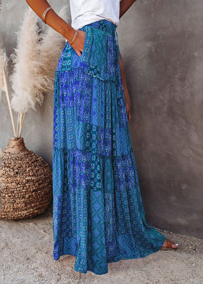 Blue Skirts Waist Pockets Maxi Summer Elastic