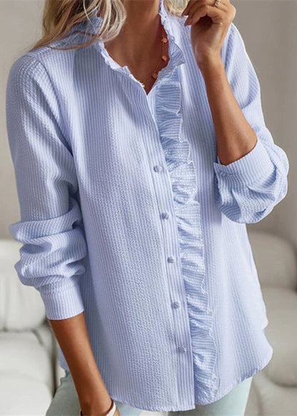 Patchwork Blue Sleeve Ruffled Shirt Puff Solid