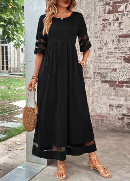 Summer Tulle Long Bohemian Black O-Neck Patchwork Dress