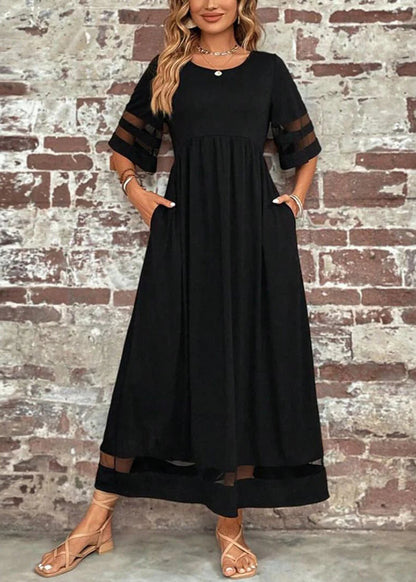 Summer Tulle Long Bohemian Black O-Neck Patchwork Dress