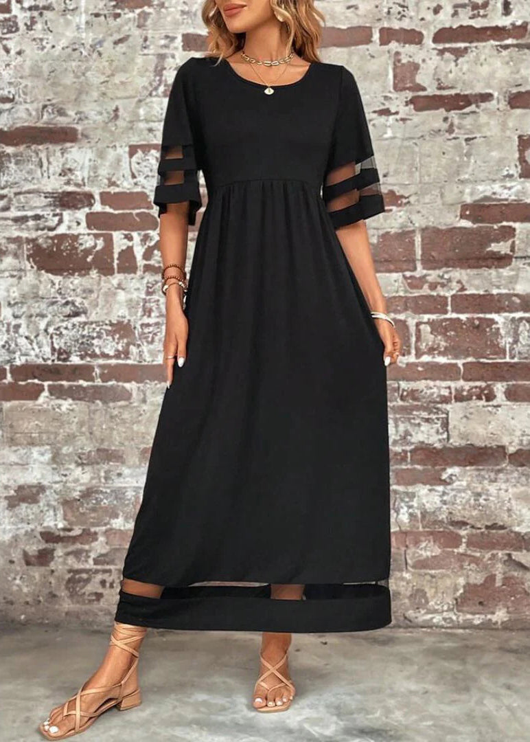 Summer Tulle Long Bohemian Black O-Neck Patchwork Dress