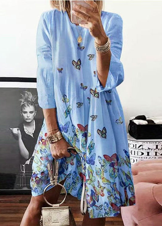 Summer Butterfly Neck Blue O Dress Mid Cotton Bohemian Print