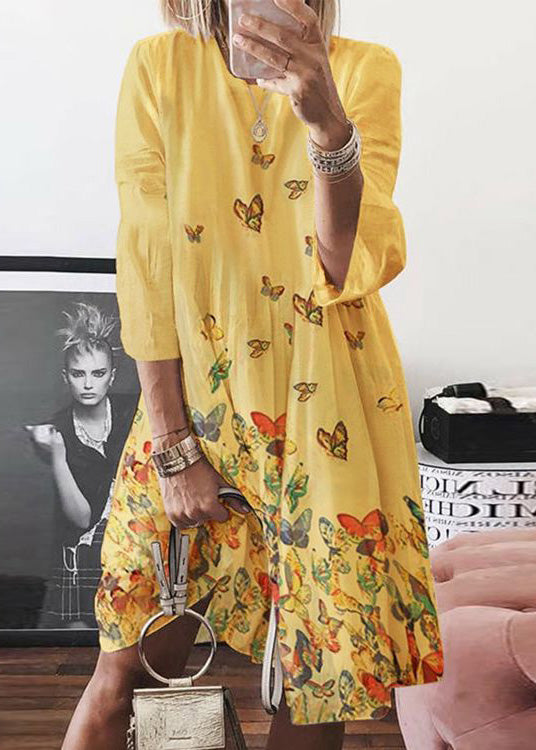 Summer Butterfly Neck Blue O Dress Mid Cotton Bohemian Print