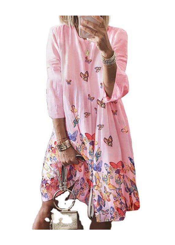 Summer Butterfly Neck Blue O Dress Mid Cotton Bohemian Print