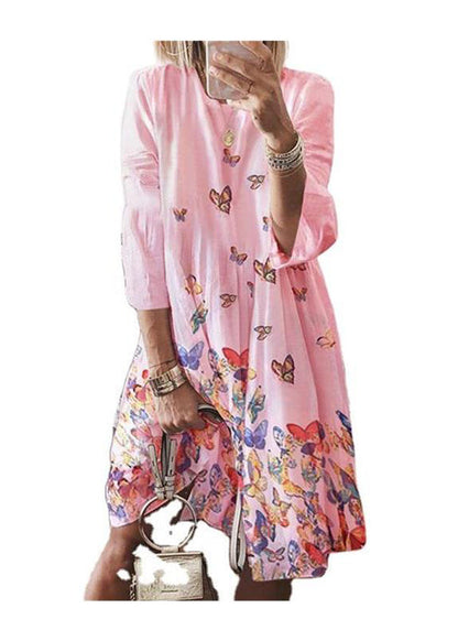 Summer Butterfly Neck Blue O Dress Mid Cotton Bohemian Print