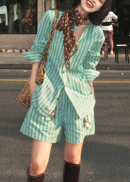 Summer Two And Shorts Striped Pan Pieces Collar Green Shirts Set Bohemian Peter