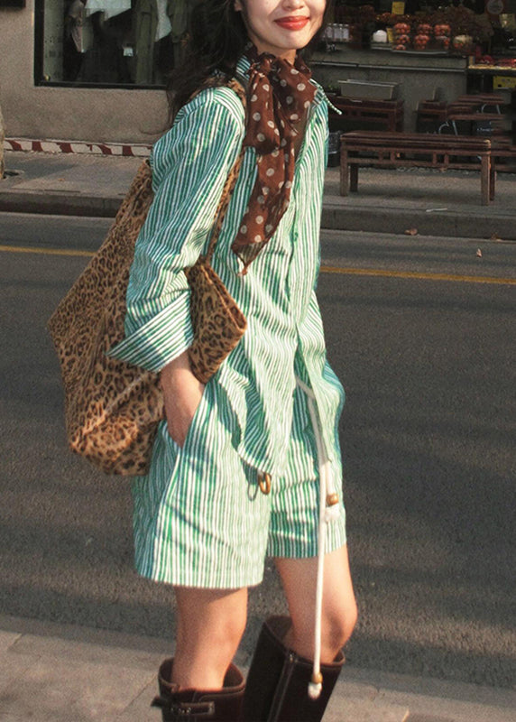 Summer Two And Shorts Striped Pan Pieces Collar Green Shirts Set Bohemian Peter