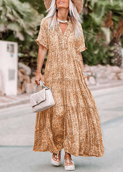 Long Bohemian Dress Green Sleev Neck Print Short V