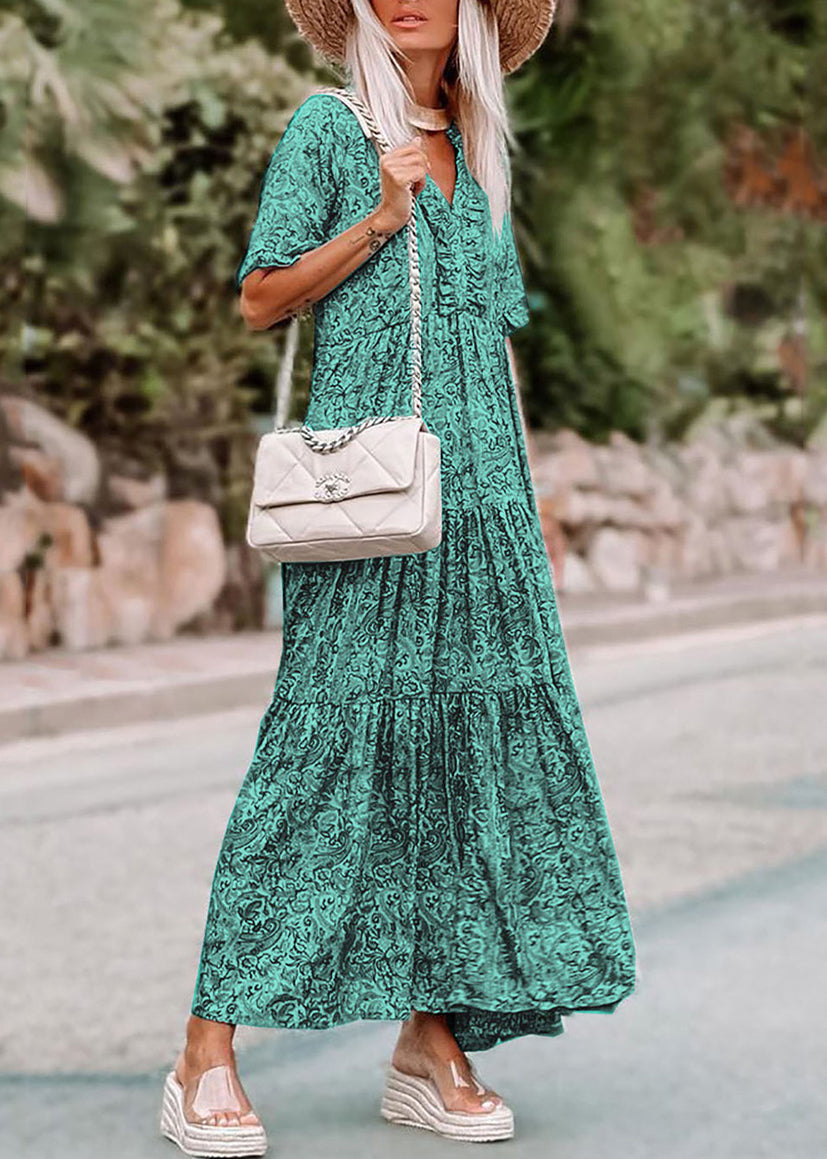 Long Bohemian Dress Green Sleev Neck Print Short V