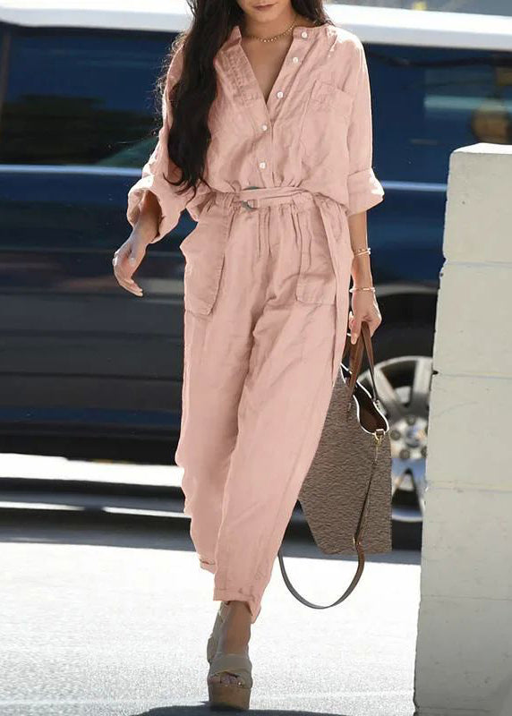 Tunic Pockets Bohemian Collar Jumpsuit Pink Fall Peter Pan