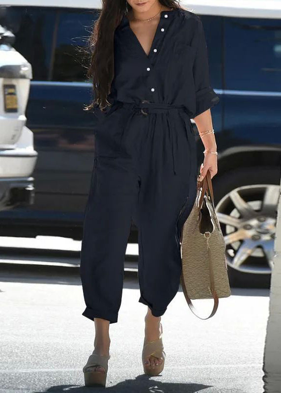 Tunic Pockets Bohemian Collar Jumpsuit Pink Fall Peter Pan