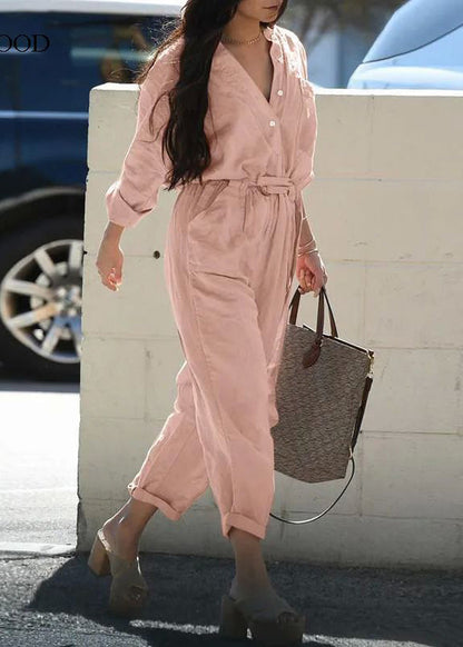 Tunic Pockets Bohemian Collar Jumpsuit Pink Fall Peter Pan