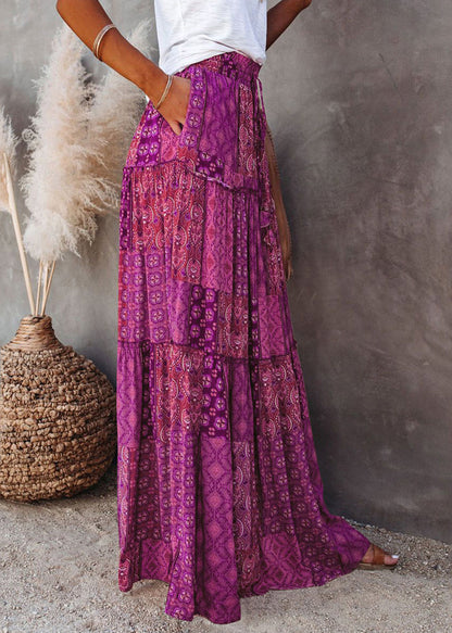 Purple Ruffled Skirt Line A Patchwork Print Bohemian