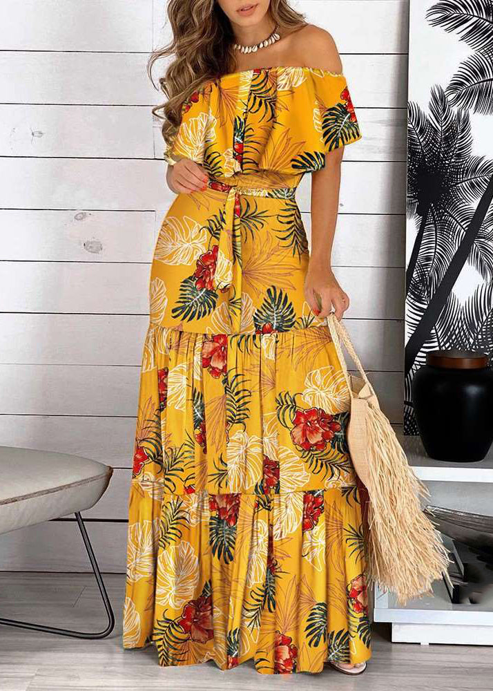 Print Dress Bohemian Short Yellow Wrinkled Sleeve Maxi Cold Shoulder
