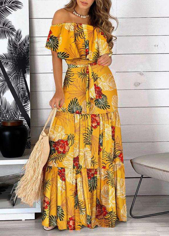 Print Dress Bohemian Short Yellow Wrinkled Sleeve Maxi Cold Shoulder