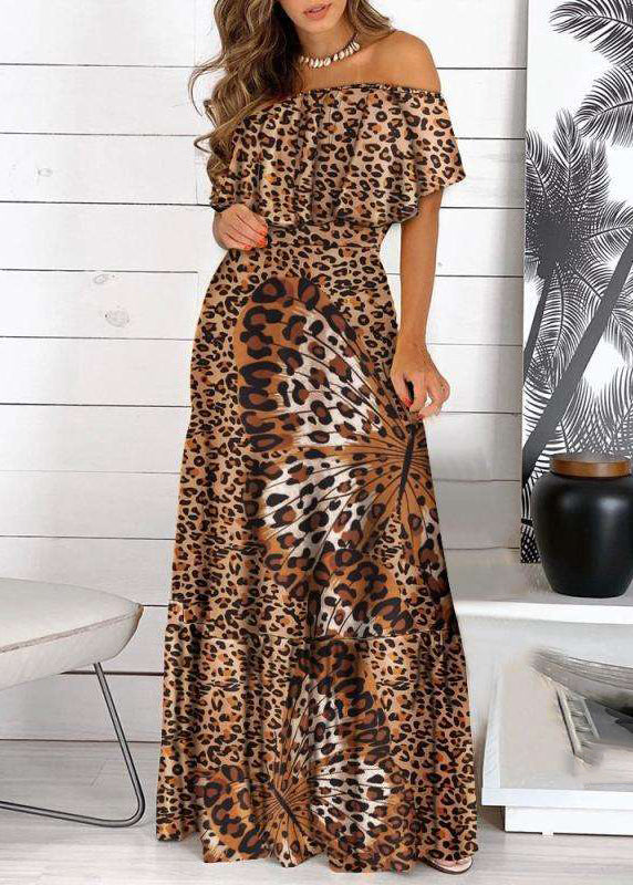 Print Dress Bohemian Short Yellow Wrinkled Sleeve Maxi Cold Shoulder