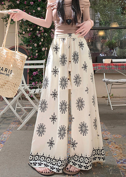 Wide Summer Print Waist Cotton Pants Boho Leg Apricot Elastic