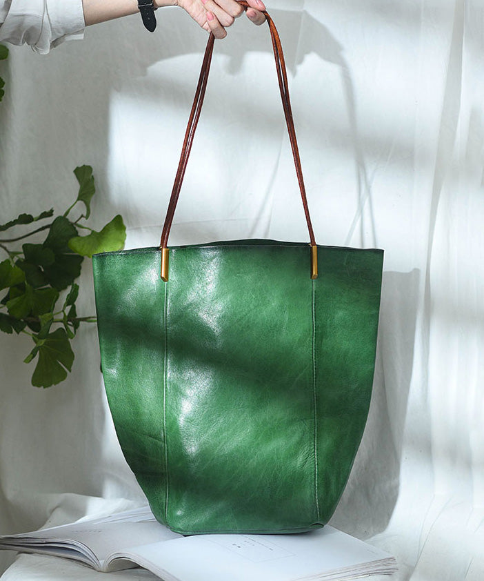 Green Bag Boho Leather Bucket Large Capacity
