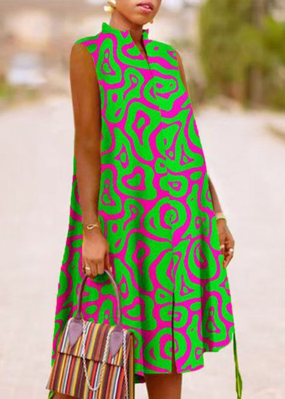 Maxi Boho Collar Green Dresses Stand Summer Print