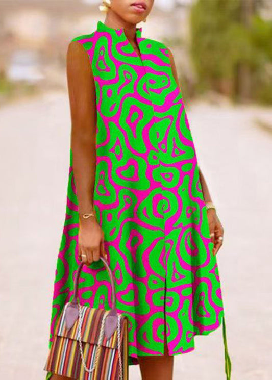 Maxi Boho Collar Green Dresses Stand Summer Print
