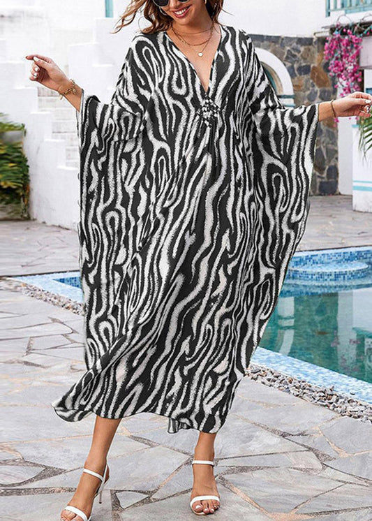 Print Grey Maxi V Open Dresses Neck Side Boho Fall