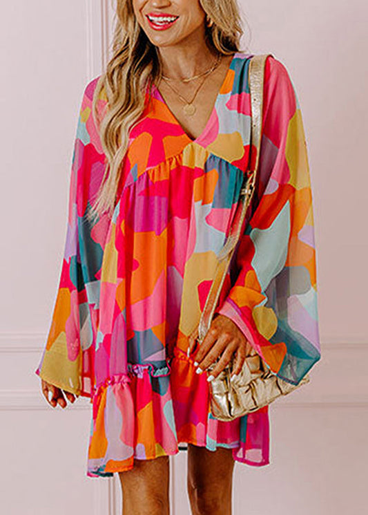 Chiffon Red Wrinkled Dresses Mid Boho Fall Print