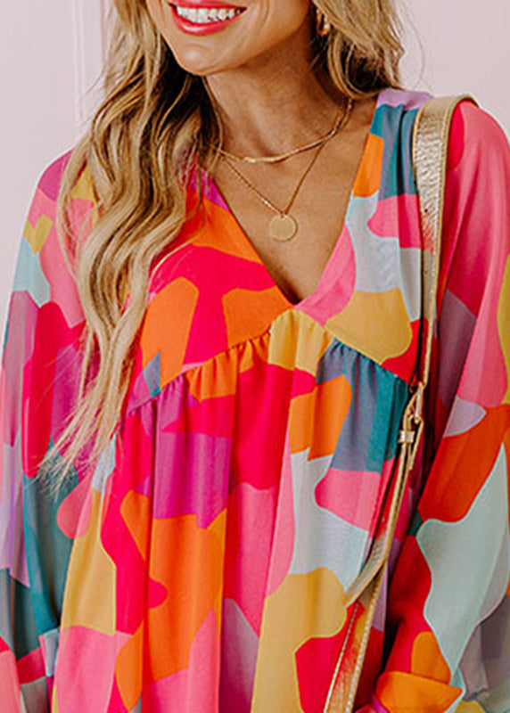 Chiffon Red Wrinkled Dresses Mid Boho Fall Print