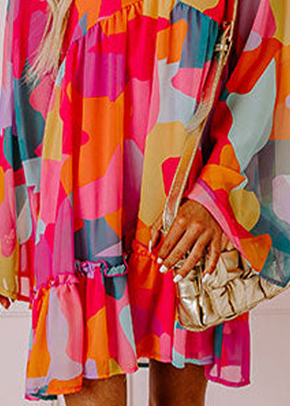 Chiffon Red Wrinkled Dresses Mid Boho Fall Print