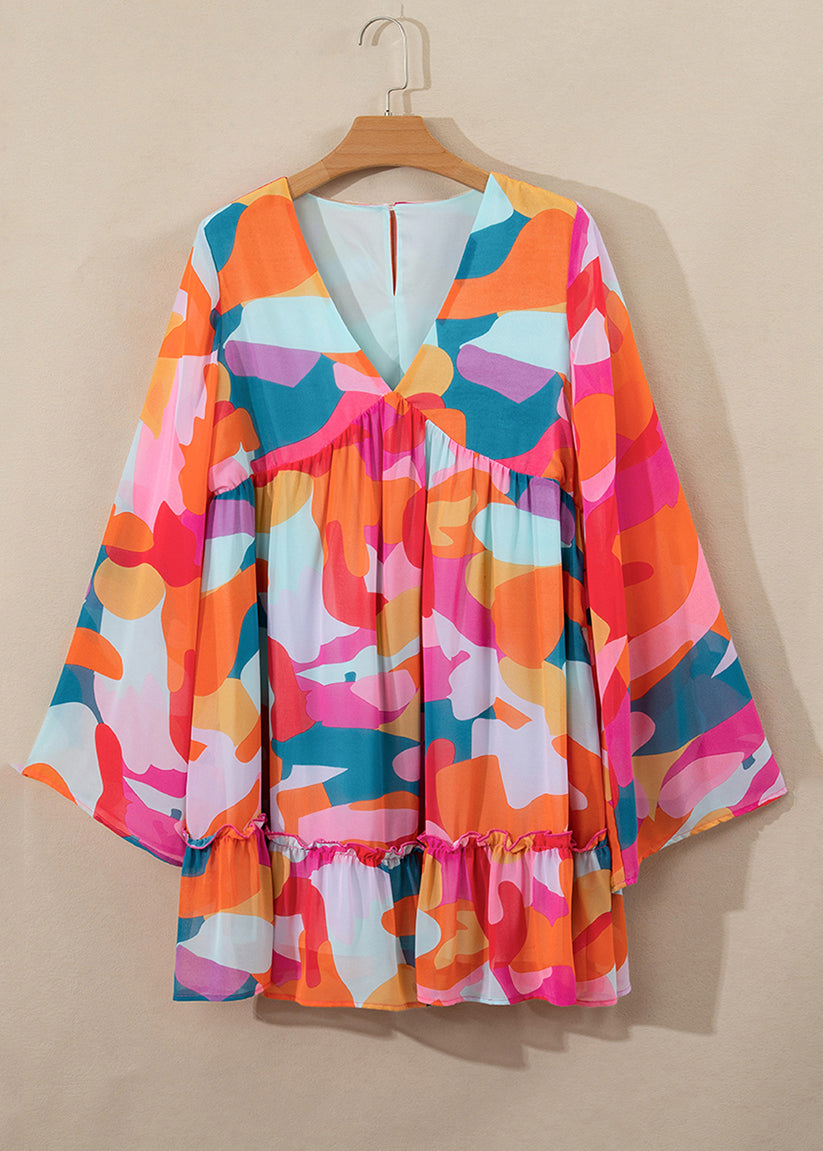 Chiffon Red Wrinkled Dresses Mid Boho Fall Print