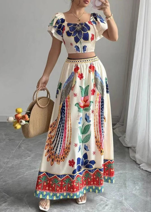 Skirts Maxi Piece And Boho Set Top Print Square Two Collar Summer