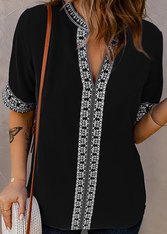 Boutique Patchwork Top Short Neck Black V Sleeve