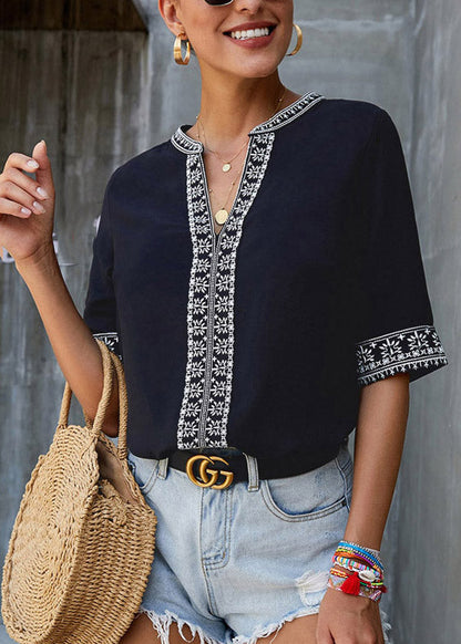 Boutique Patchwork Top Short Neck Black V Sleeve