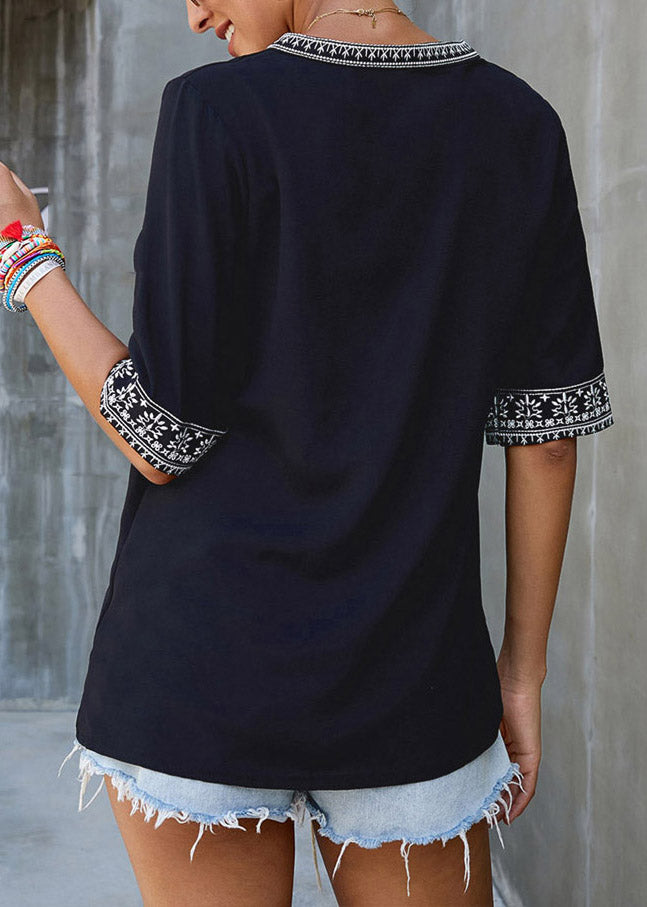 Boutique Patchwork Top Short Neck Black V Sleeve