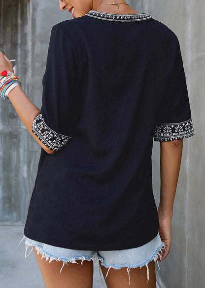 Boutique Patchwork Top Short Neck Black V Sleeve