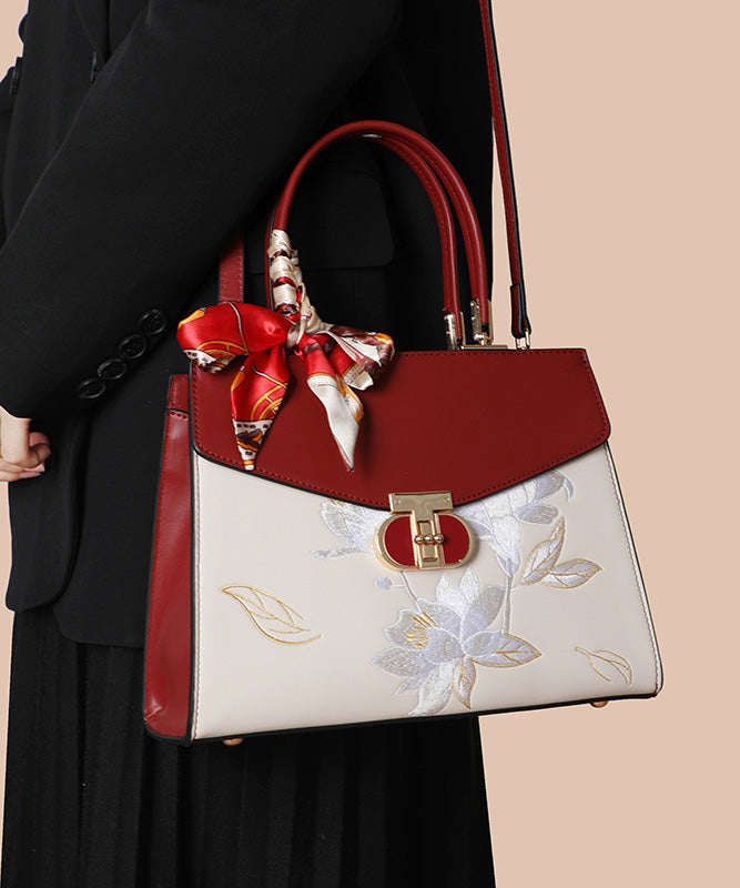 Colorblock Embroidery Calf Leather Tote Boutique Bag