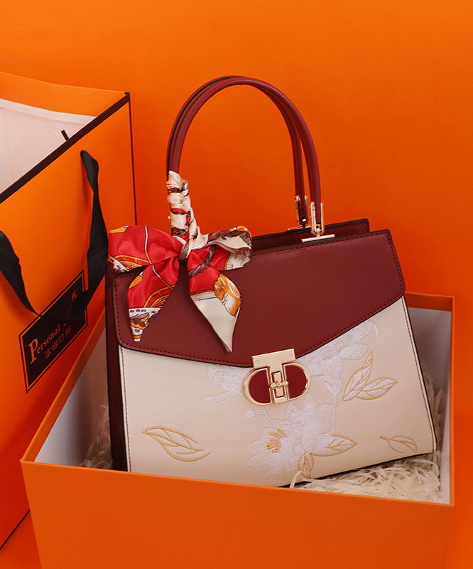 Colorblock Embroidery Calf Leather Tote Boutique Bag