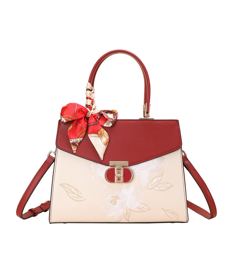Colorblock Embroidery Calf Leather Tote Boutique Bag