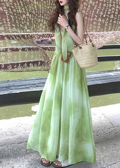 Dye Green V Sleeveless Maxi Dresses Tie Neck Boutique Vacation Chiffon