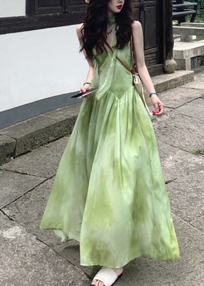 Dye Green V Sleeveless Maxi Dresses Tie Neck Boutique Vacation Chiffon