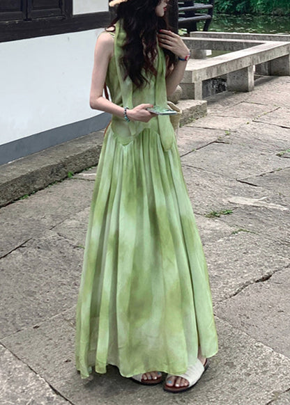 Dye Green V Sleeveless Maxi Dresses Tie Neck Boutique Vacation Chiffon