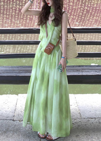 Dye Green V Sleeveless Maxi Dresses Tie Neck Boutique Vacation Chiffon