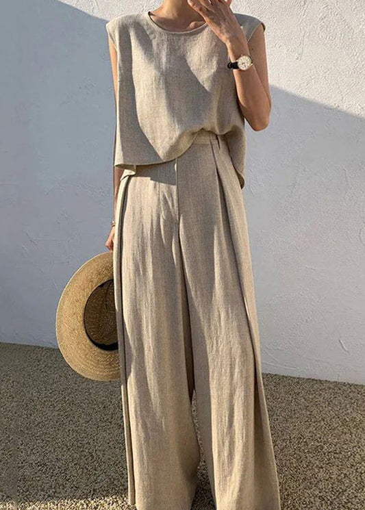 Khaki Two O-Neck Leg Wide Boutique Set Shirt T Pieces Pants And